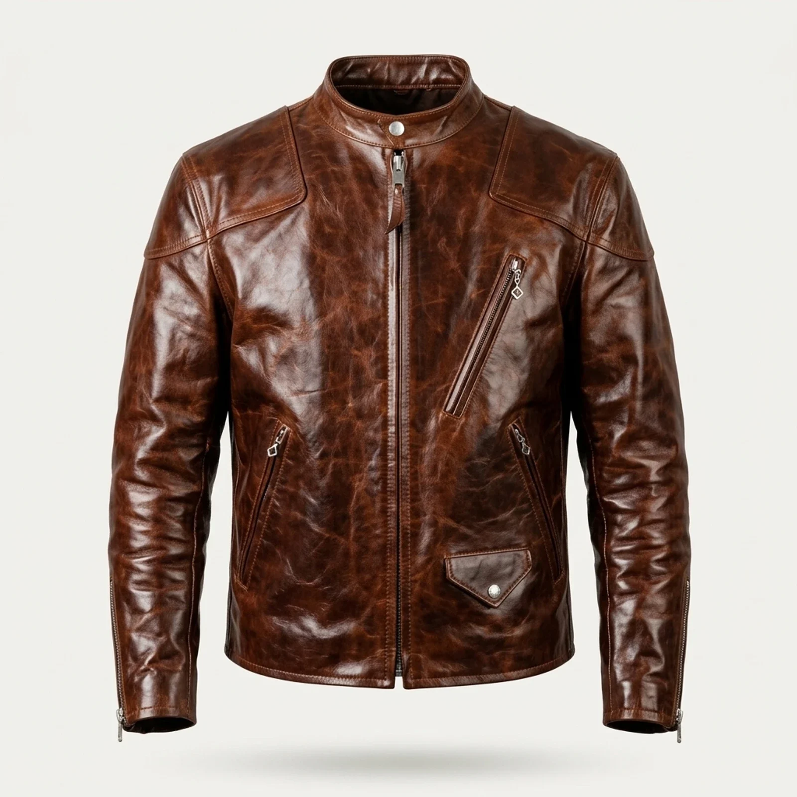 Brown Distressed Cafe Racer Jacket manufactured by Aly Leather Co., Sialkot