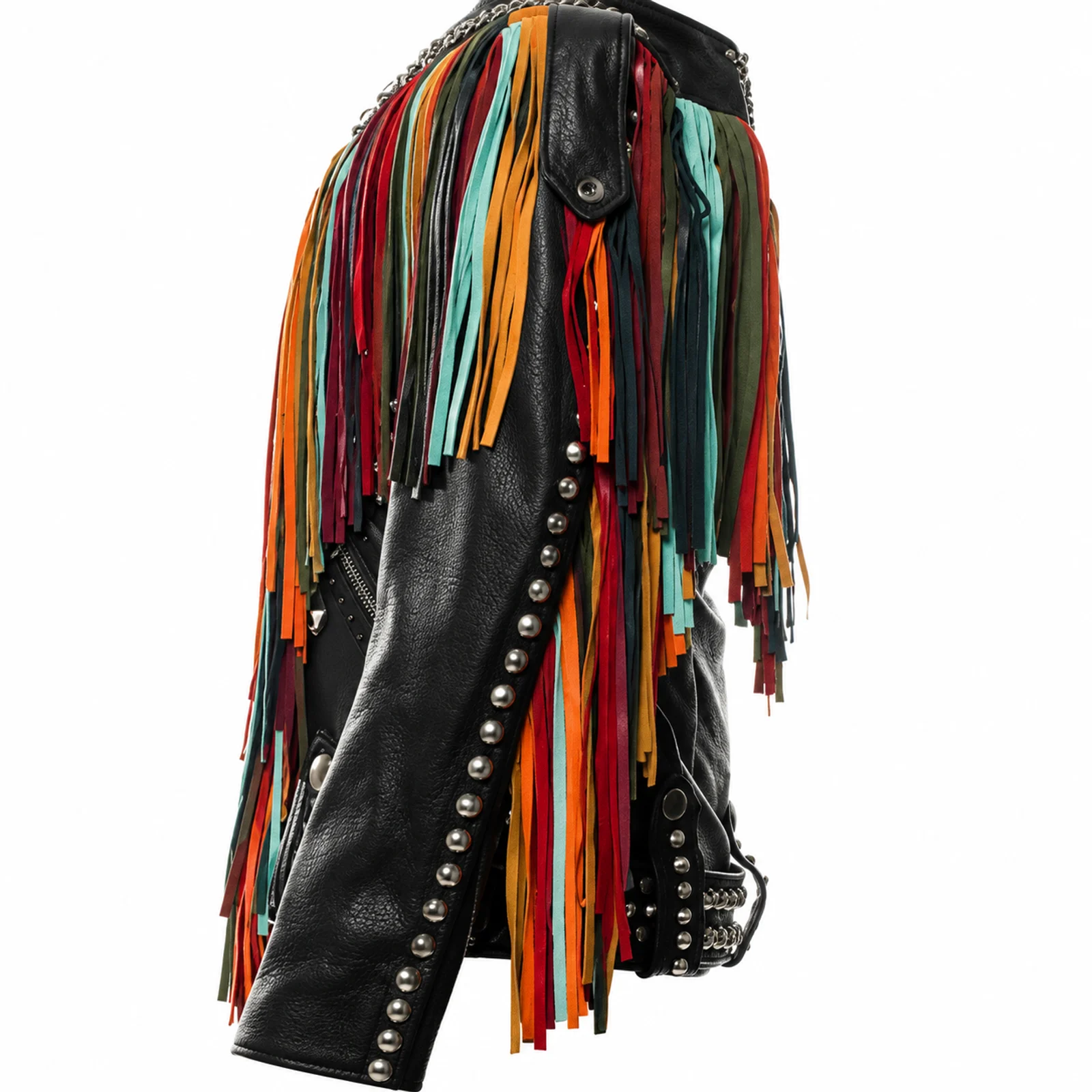 Black Leather Jacket with Rainbow Fringe manufactured by Aly Leather Co., Sialkot