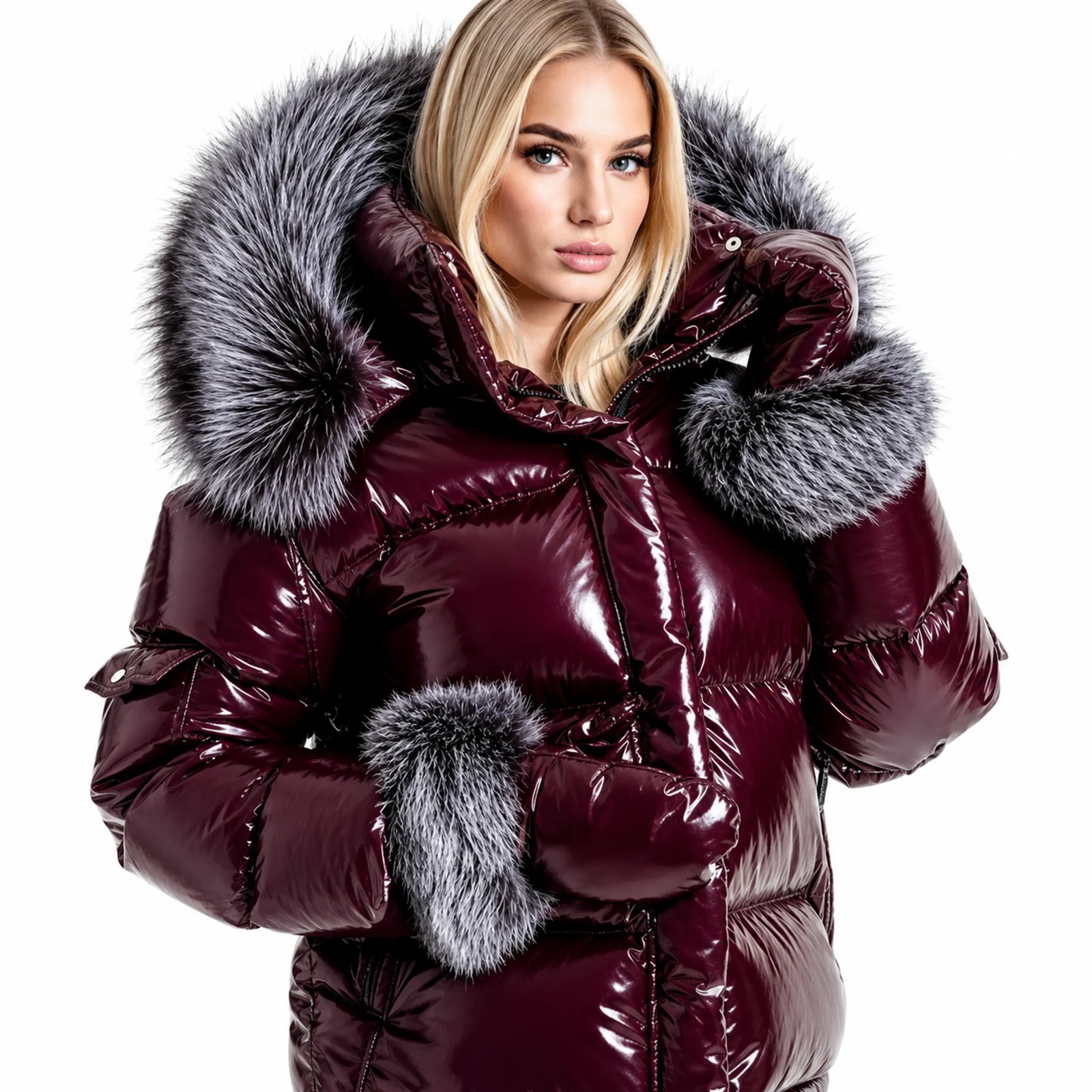 Burgundy Puffer Jacket with Fur Hood manufactured by Aly Leather Co., Sialkot