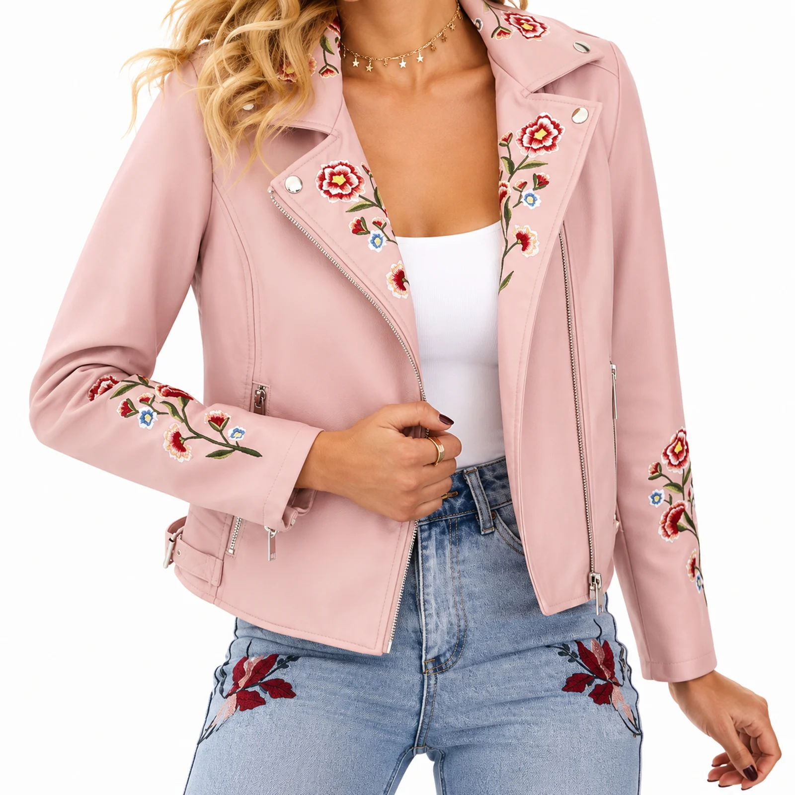Pink Leather Jacket with Floral Embroidery manufactured by Aly Leather Co., Sialkot