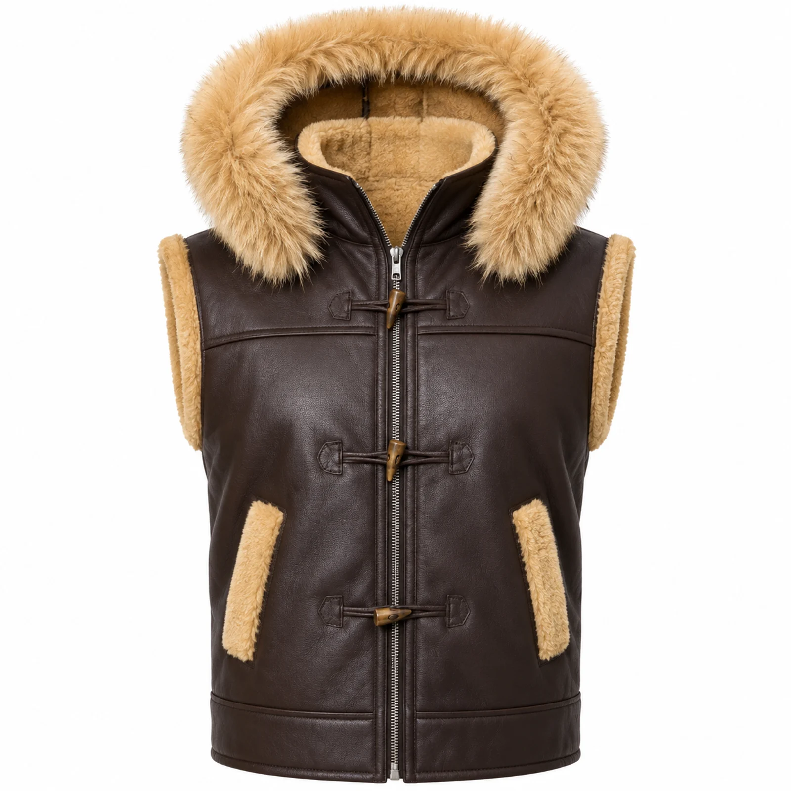 Brown Leather Hooded Shearling Vest manufactured by Aly Leather Co., Sialkot