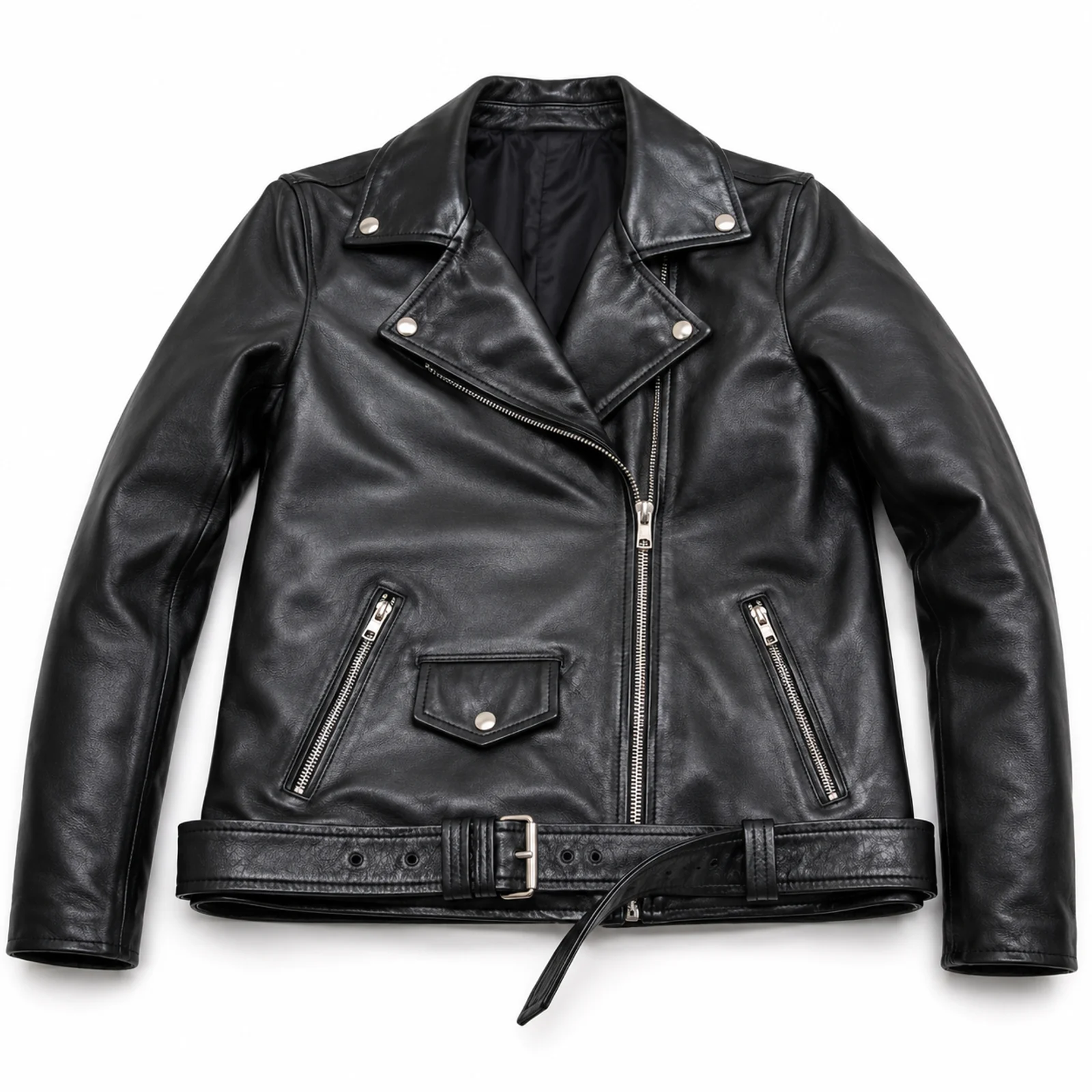 Black Leather Biker Jacket with Belt manufactured by Aly Leather Co., Sialkot