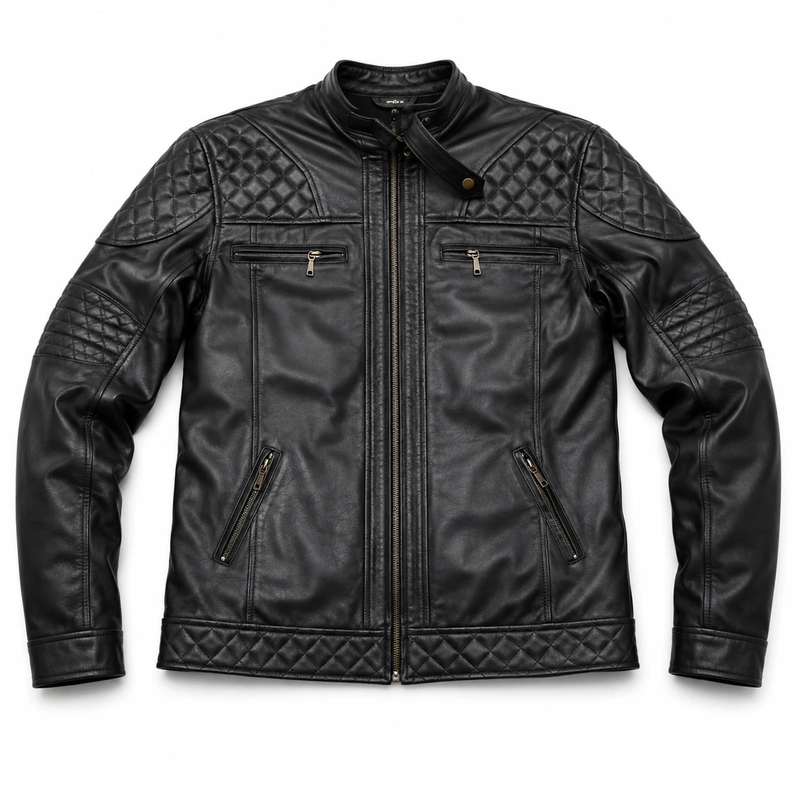 Black Quilted-Shoulder Biker Jacket manufactured by Aly Leather Co., Sialkot