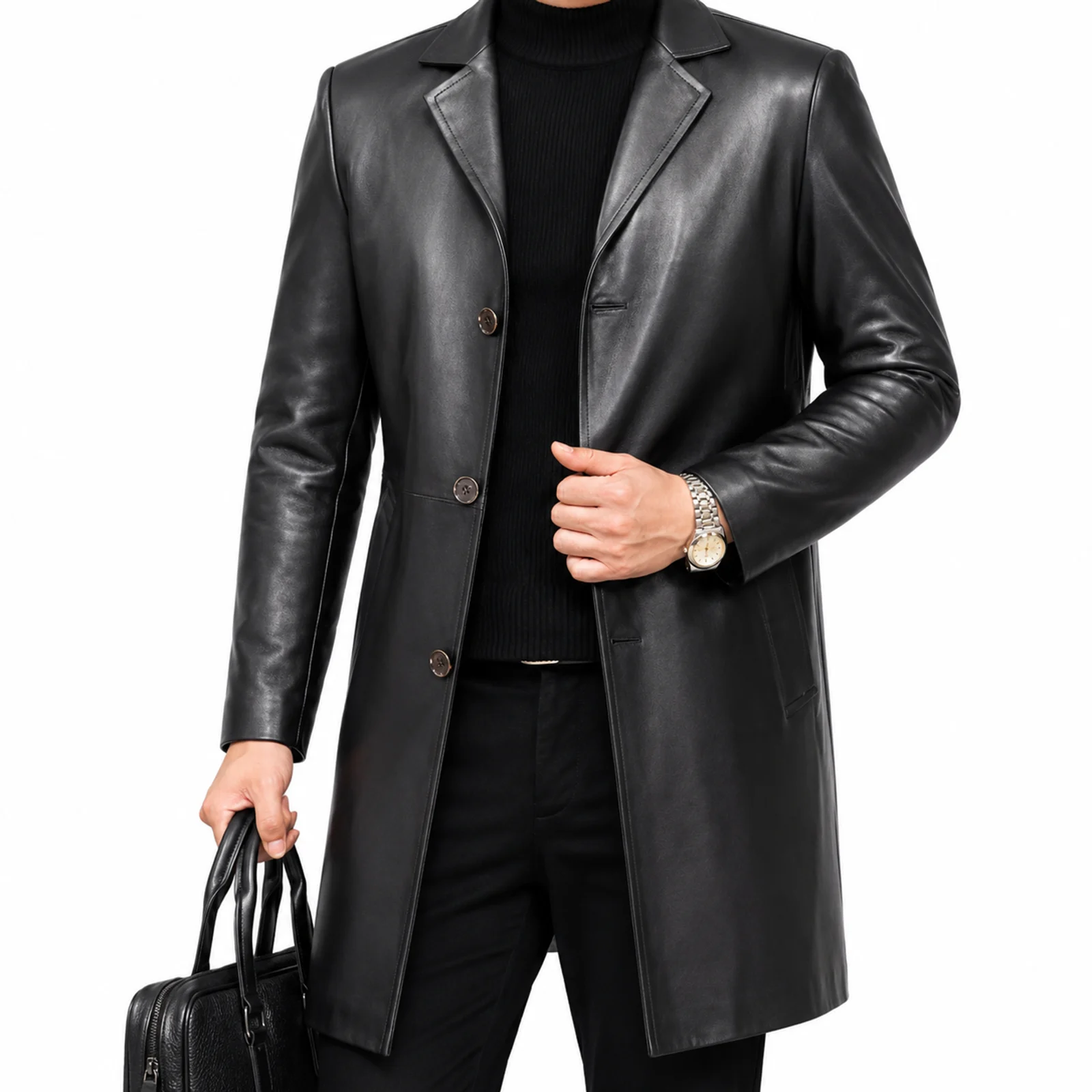 Black Leather Long Coat manufactured by Aly Leather Co., Sialkot