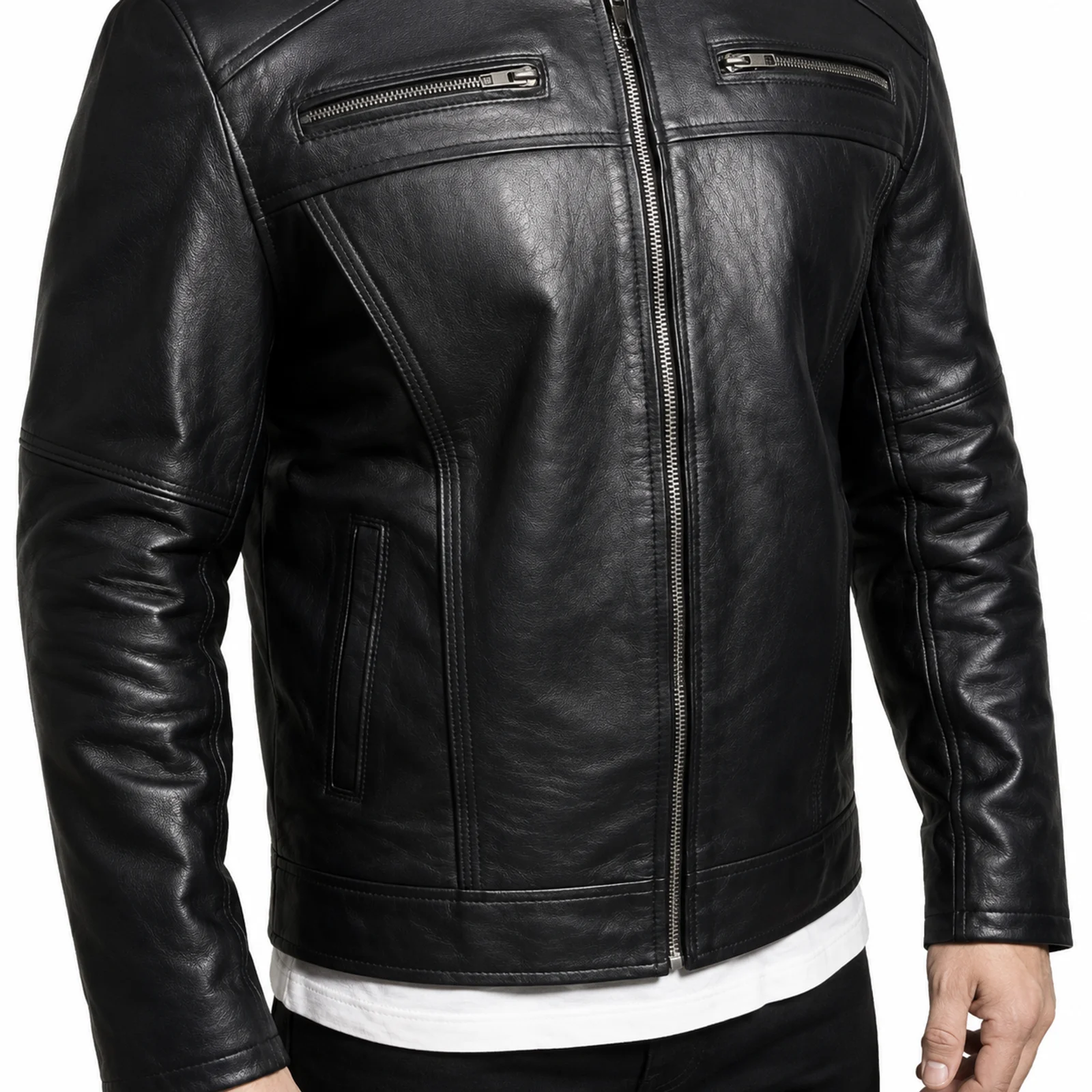 Black Leather Cafe Racer Jacket with Zip Pockets manufactured by Aly Leather Co., Sialkot