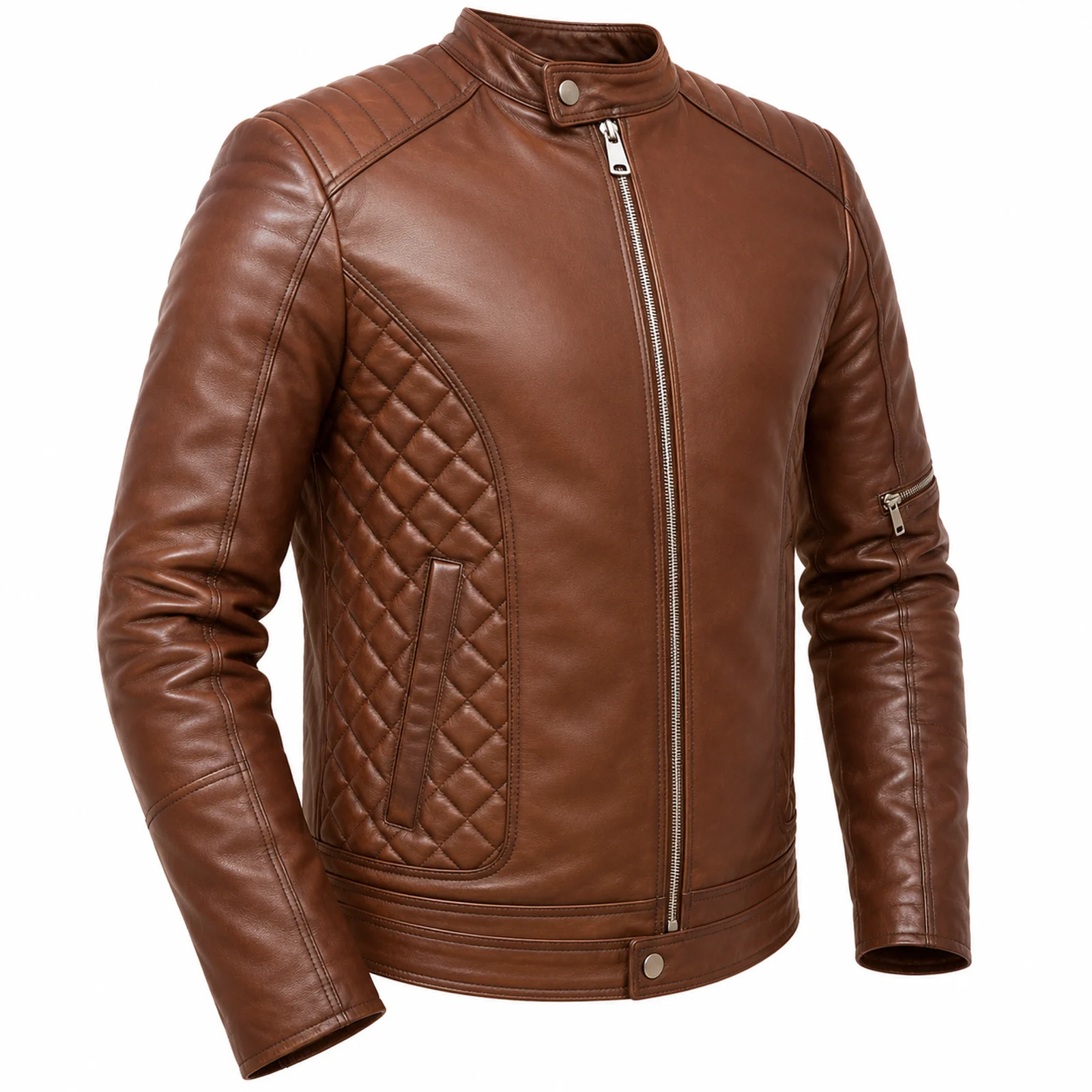 Brown Leather Cafe Racer Jacket manufactured by Aly Leather Co., Sialkot