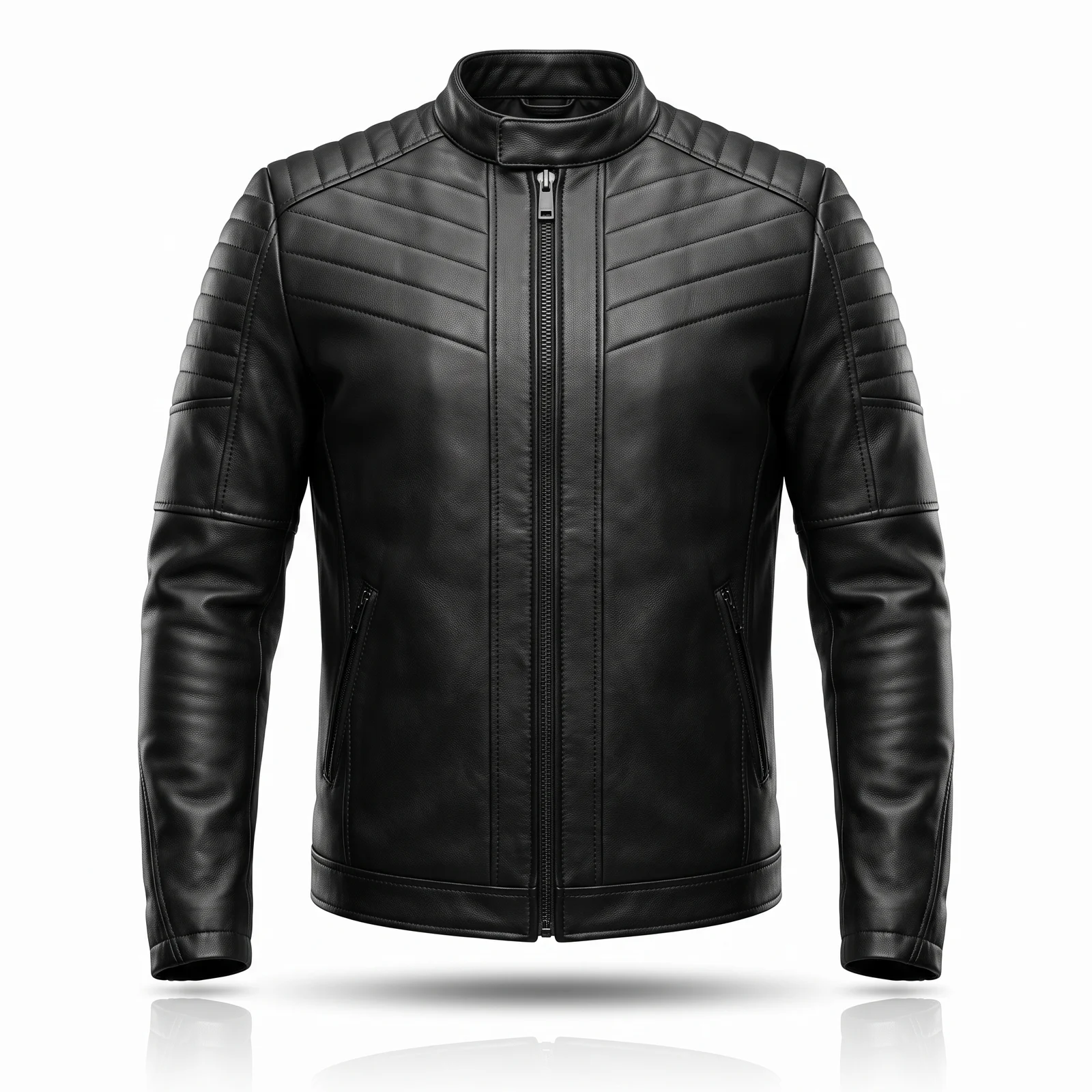 Black Leather Cafe Racer Jacket with Quilted Shoulders manufactured by Aly Leather Co., Sialkot