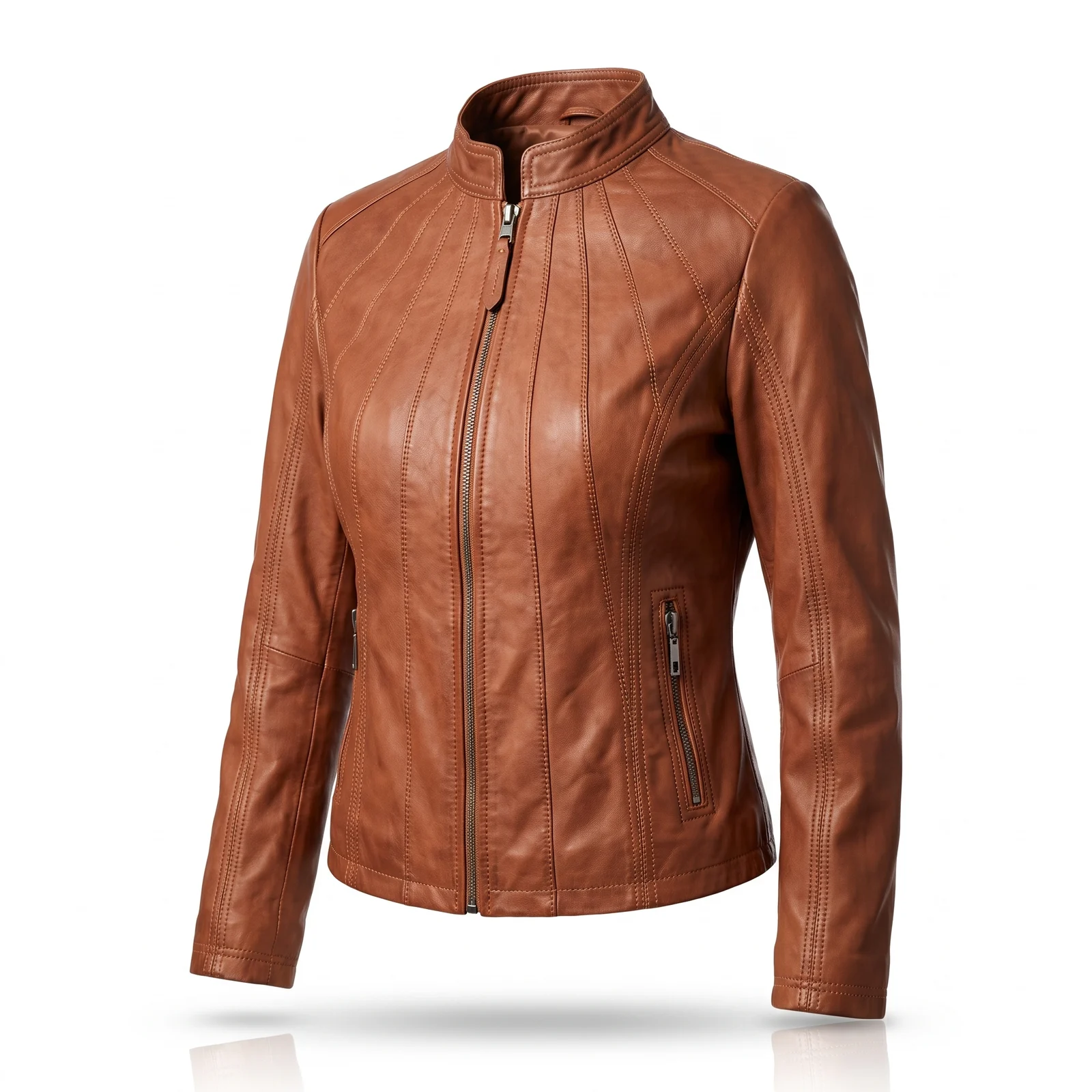 Tan Leather Jacket with Stand Collar manufactured by Aly Leather Co., Sialkot