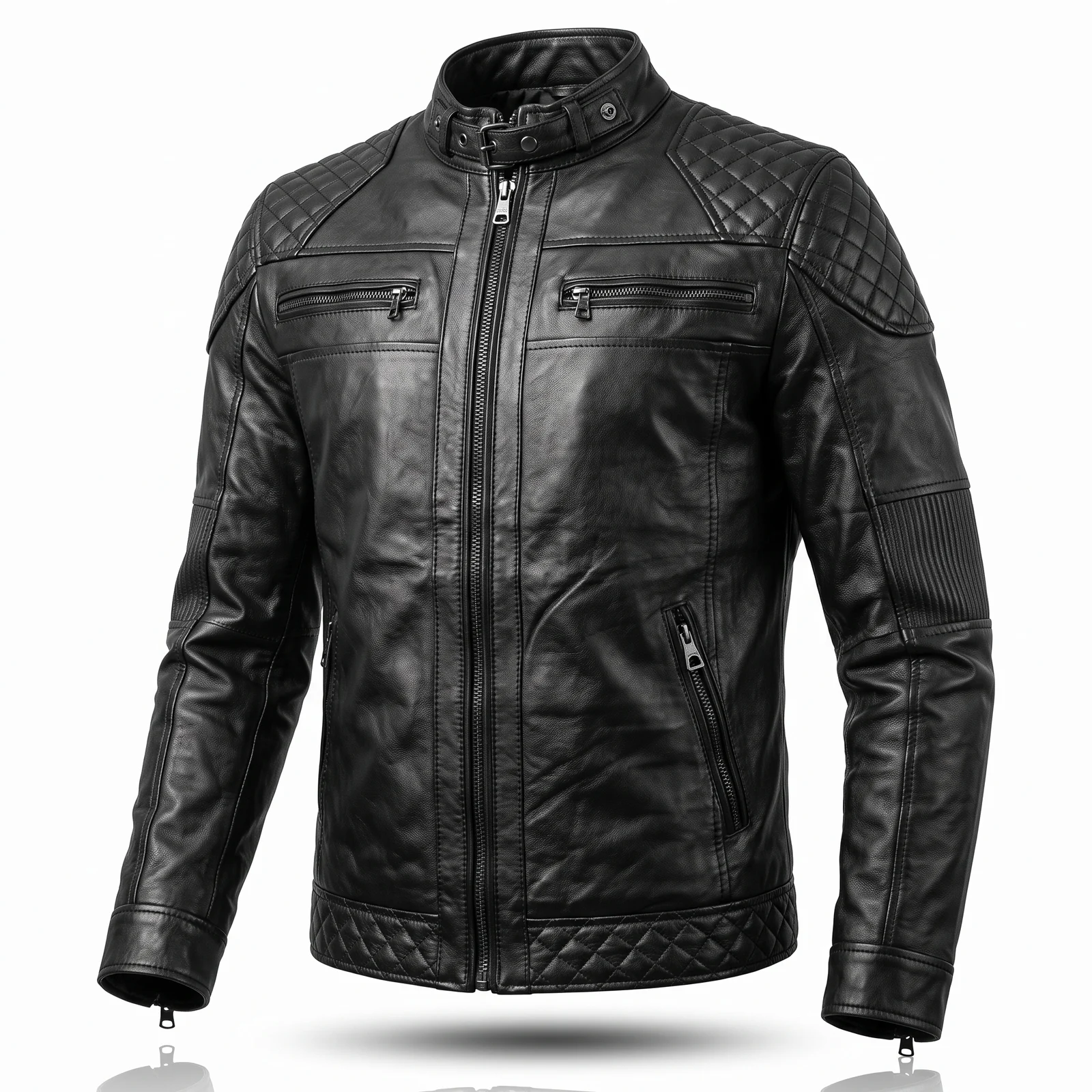 Black Distressed Cafe Racer Biker Jacket manufactured by Aly Leather Co., Sialkot